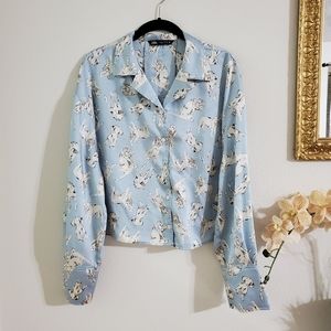 Zara | Blue Dog Print Cropped Satin Button Down Top Size M